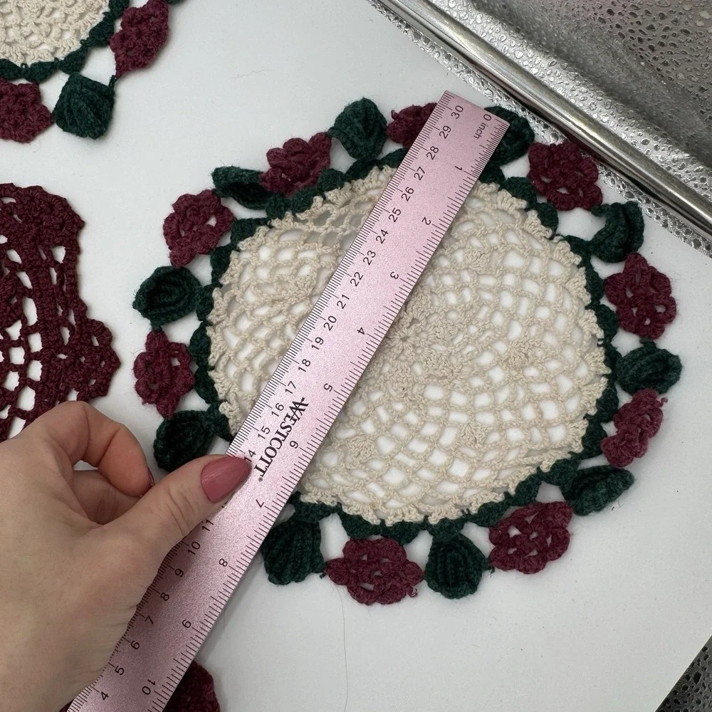 Vintage Crochet Doilies Lot 13 Green Burgundy‎ Cotton Holiday Cottagecore